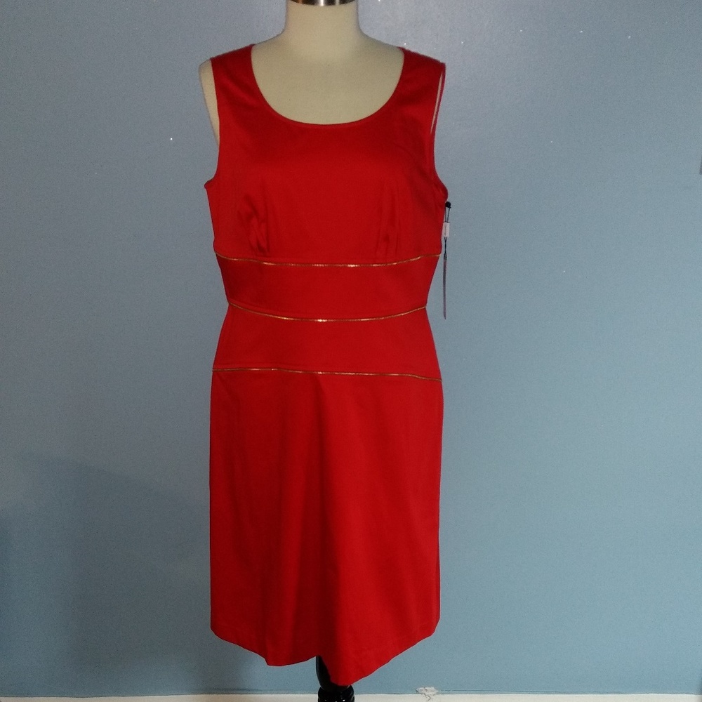 Calvin Klein Dress Lined Sheath Red Gold Zipper